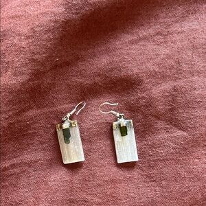 Handcrafted Selenite Drop Earrings with Green Tourmaline Accent